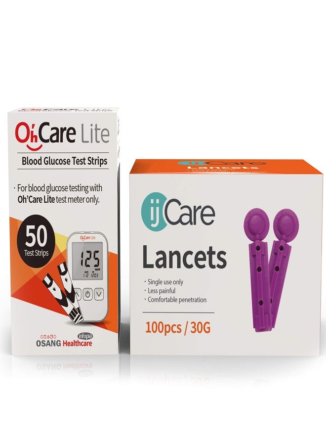آي جيه كير جهاز قياس نسبة السكر في الدم Oh'Care Lite - شرائط اختبار الجلوكوز وإبر وخز لاختبار الدم - مستلزمات دقيقة وبأسعار معقولة لمرضى السكري (50 شريطًا + 100 إبرة وخز) - Image 1